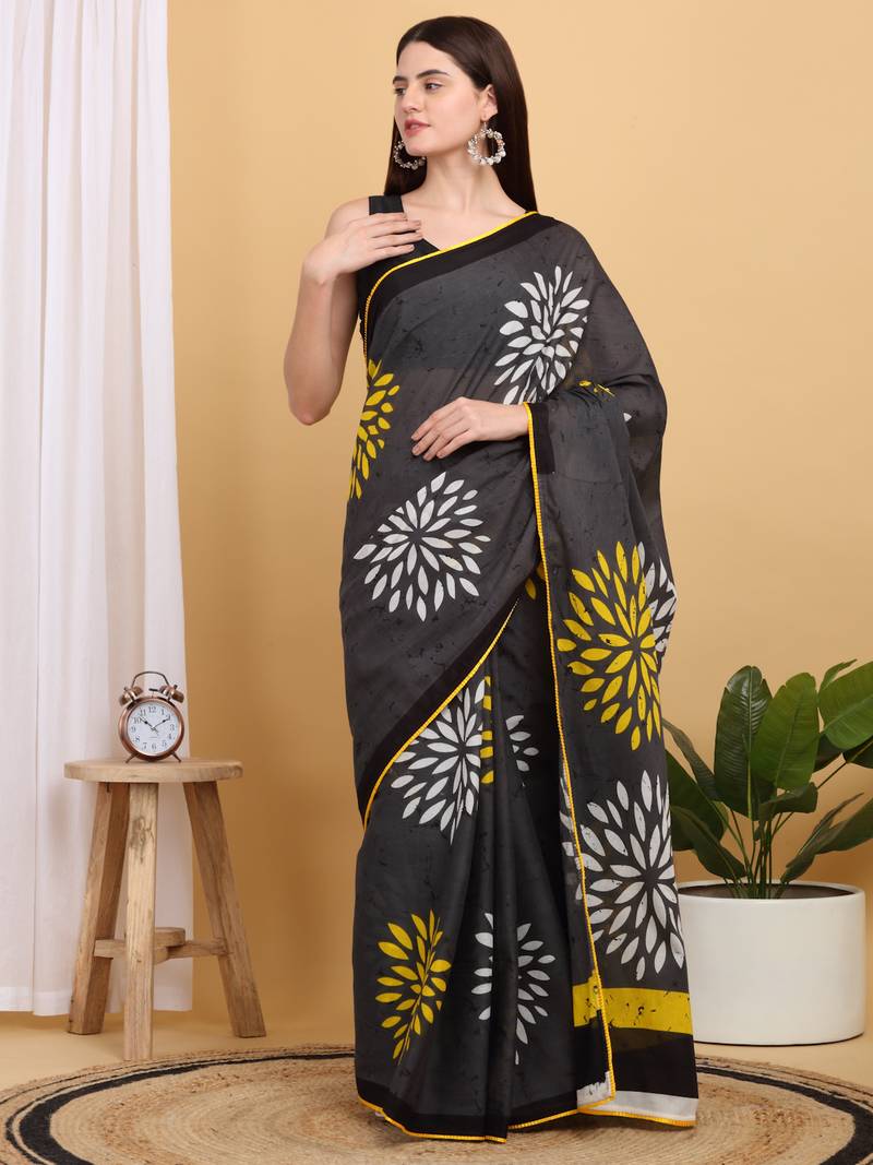 Black Floral Printed Saree with Yellow Border With Blouse Piece view 4